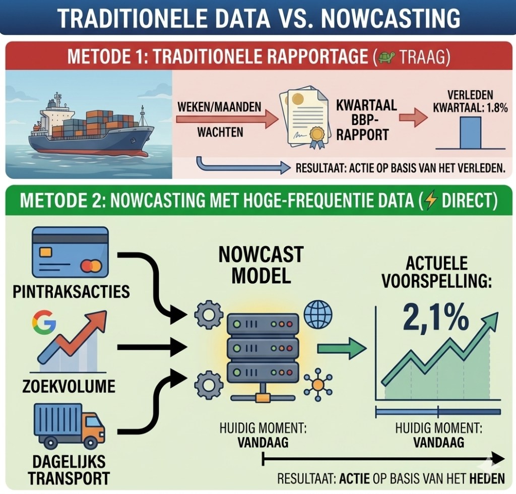 Vergelijking tussen traditionele economische rapportage en nowcasting met high-frequency data.